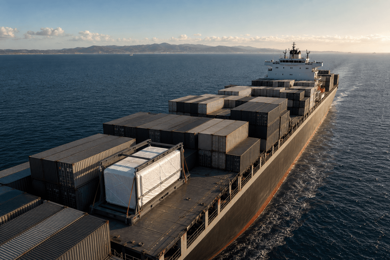 Cápsula Creatori protegida para transporte entre contêineres em um navio de carga